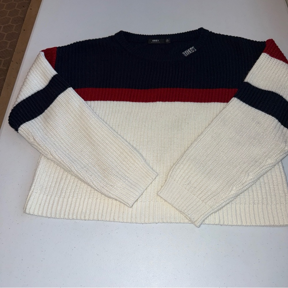 Obey Mens Sweater Large‎ Joni Knit Crewneck Tri Color Block Skater Surfer Boxy
